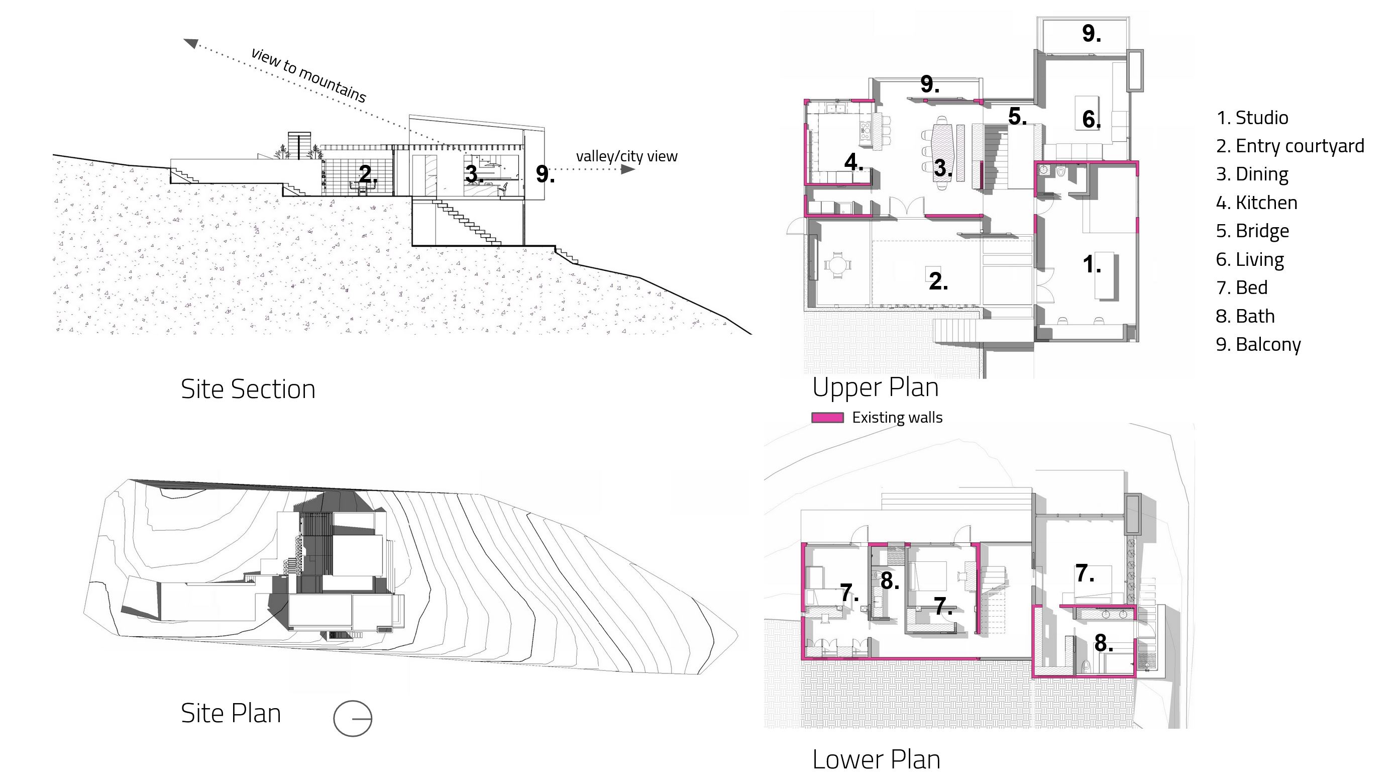 Casa Nonosi — site section, site plan, upper plan and lower plan